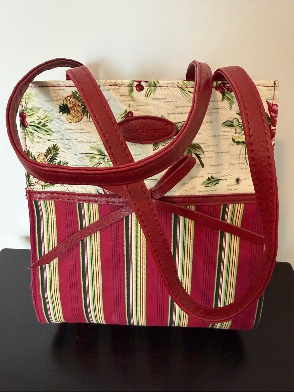 Longaberger Canvas Holly Poinsettia Christmas Tote/Gift Bag